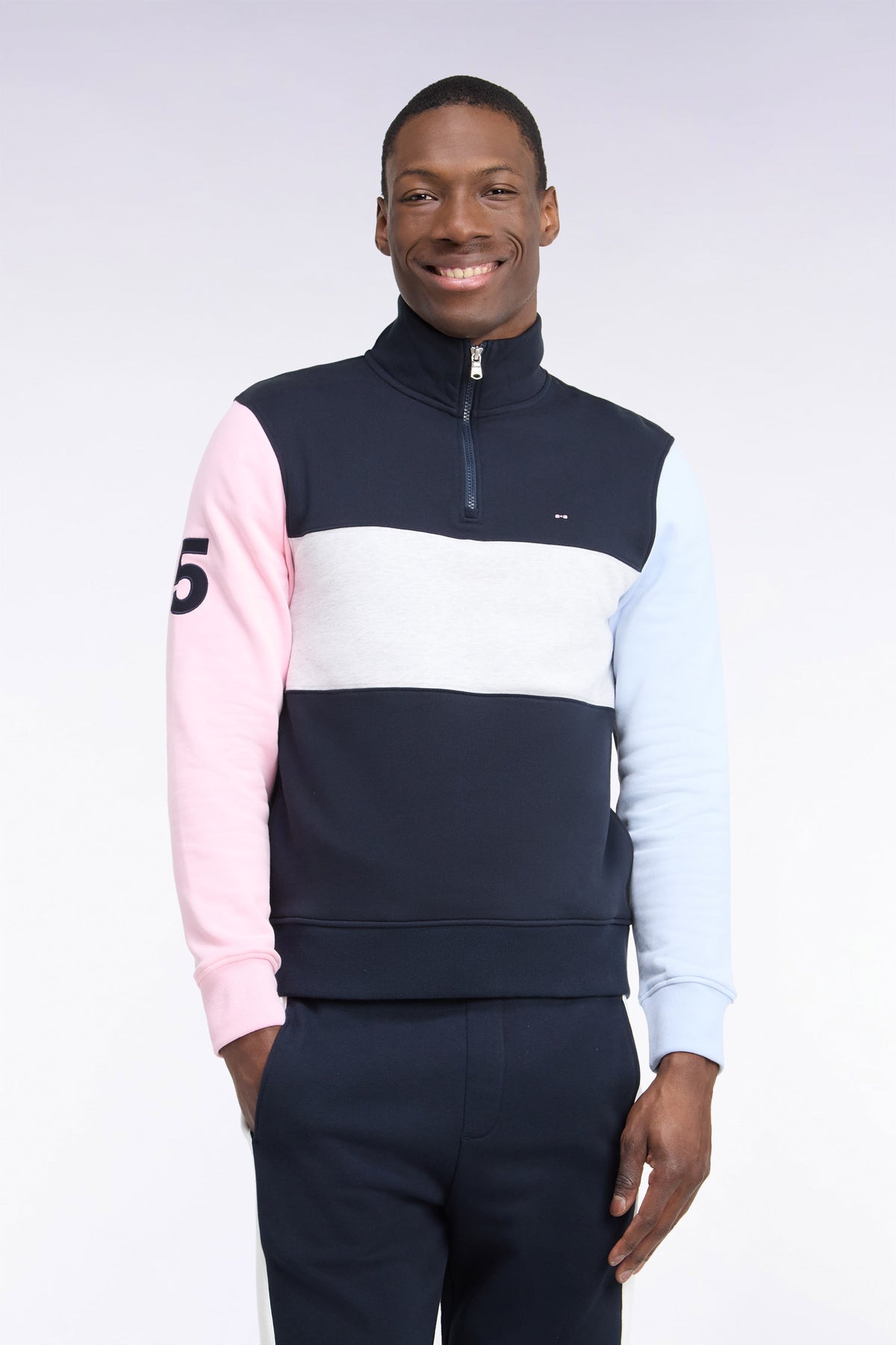 Straight cut cut-out navy cotton trucker neck sweatshirt