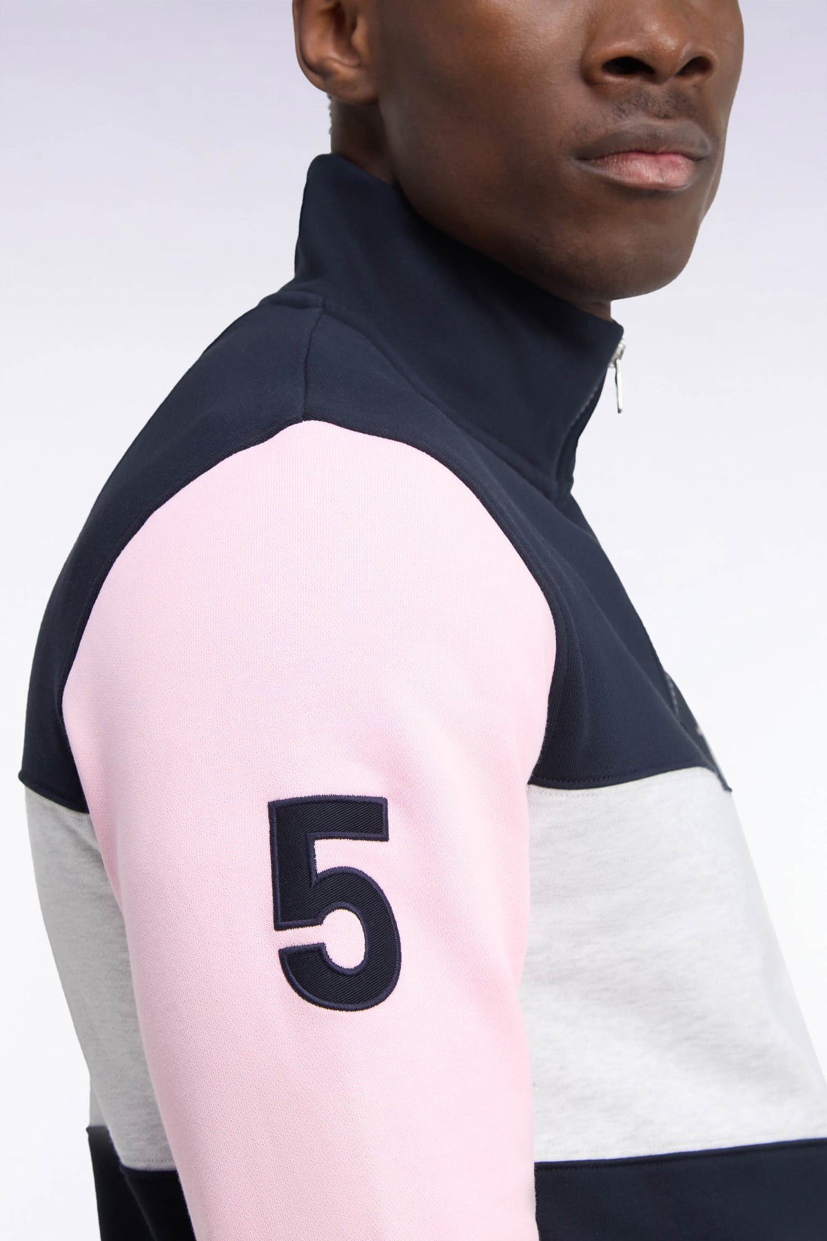 Straight cut cut-out navy cotton trucker neck sweatshirt