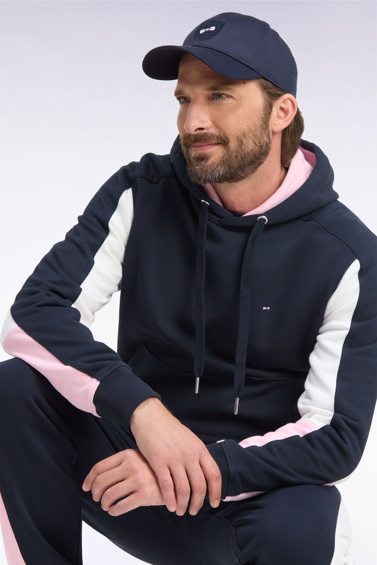 Navy cotton hooded sweatshirt with cut-out sleeves, straight cut