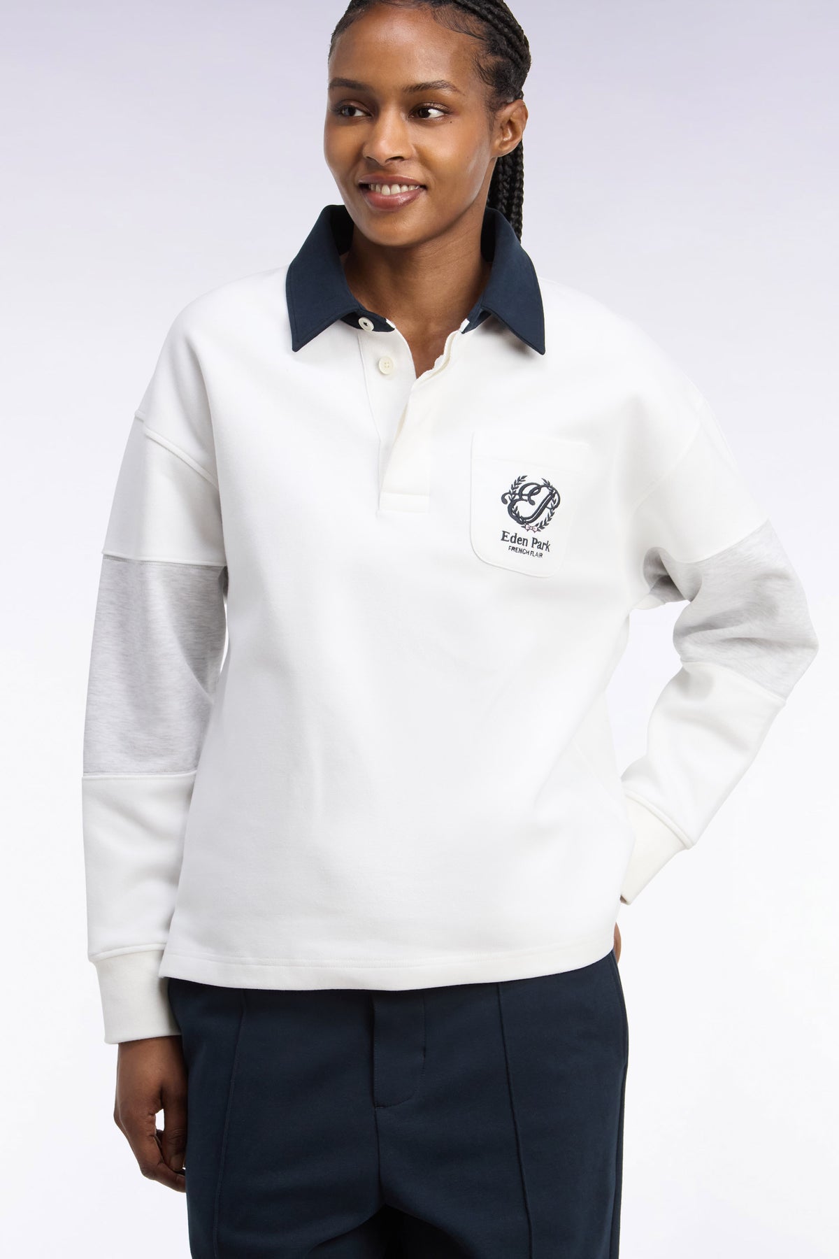 Unisex jersey collar sweatshirt in ecru interlock with heritage embroidery, loose cut