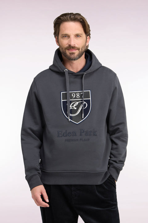 Khaki cotton fleece hooded sweatshirt with heritage embroidery, straight cut - Image 3