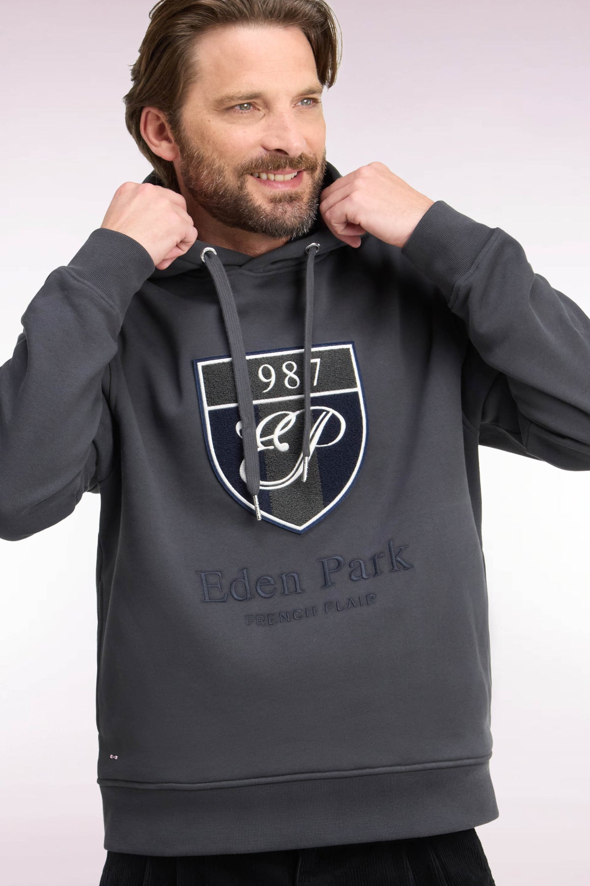 Khaki cotton fleece hooded sweatshirt with heritage embroidery, straight cut