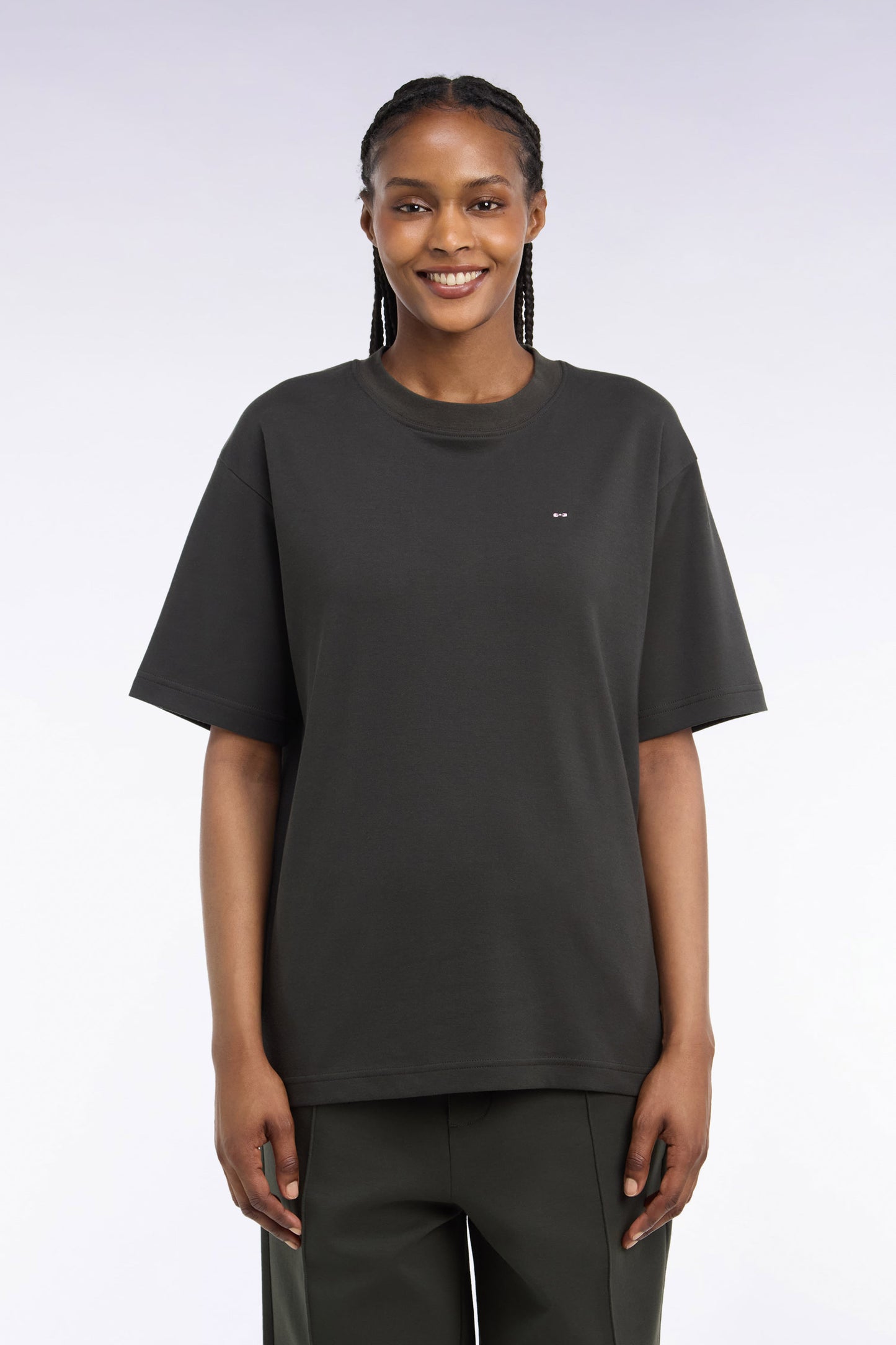 T-shirt col rond unisexe à manches courtes en coton mercerisé kaki coupe loose