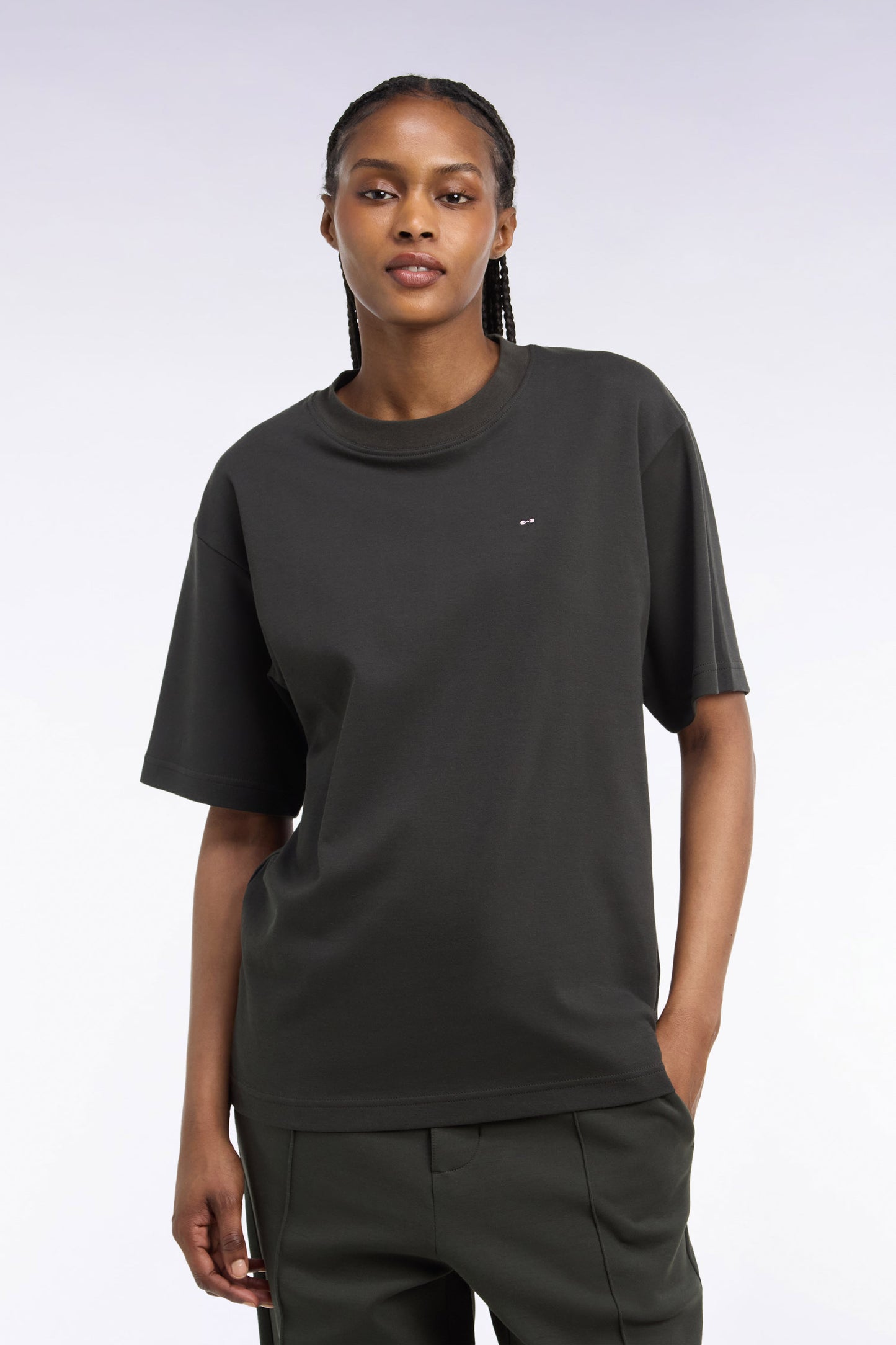 T-shirt col rond unisexe à manches courtes en coton mercerisé kaki coupe loose