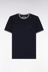 Short-sleeved navy cotton T-shirt with striped ribbed straight cut