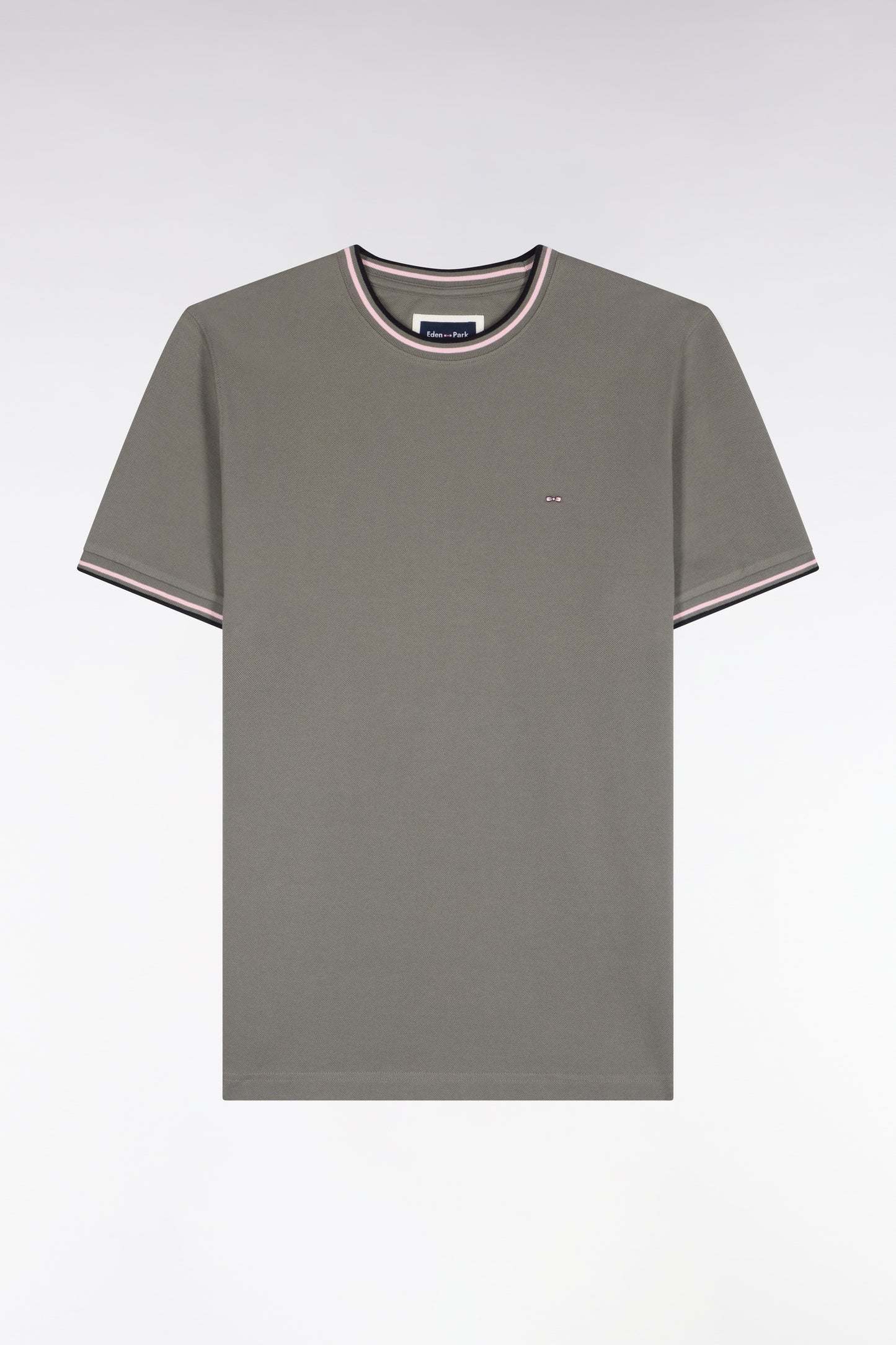 T-shirt manches courtes en coton vert olive à bords-côtes rayés coupe droite