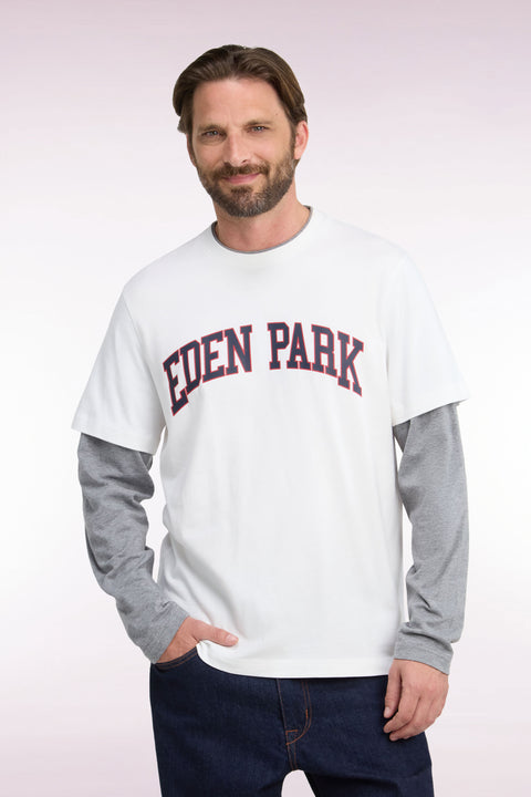T-shirt manches longues effet superposition en coton peigné écru coupe droite - Image 3