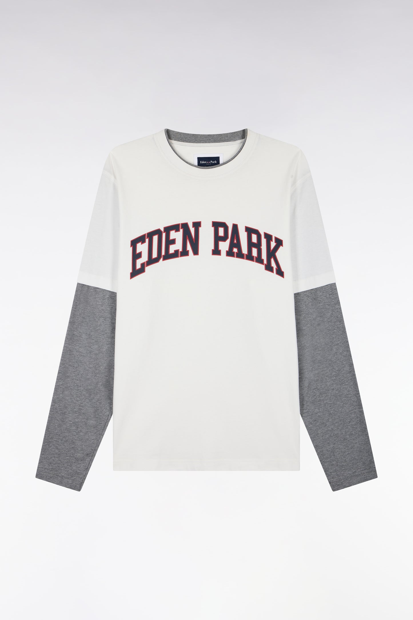 T-shirt manches longues effet superposition en coton peigné écru coupe droite