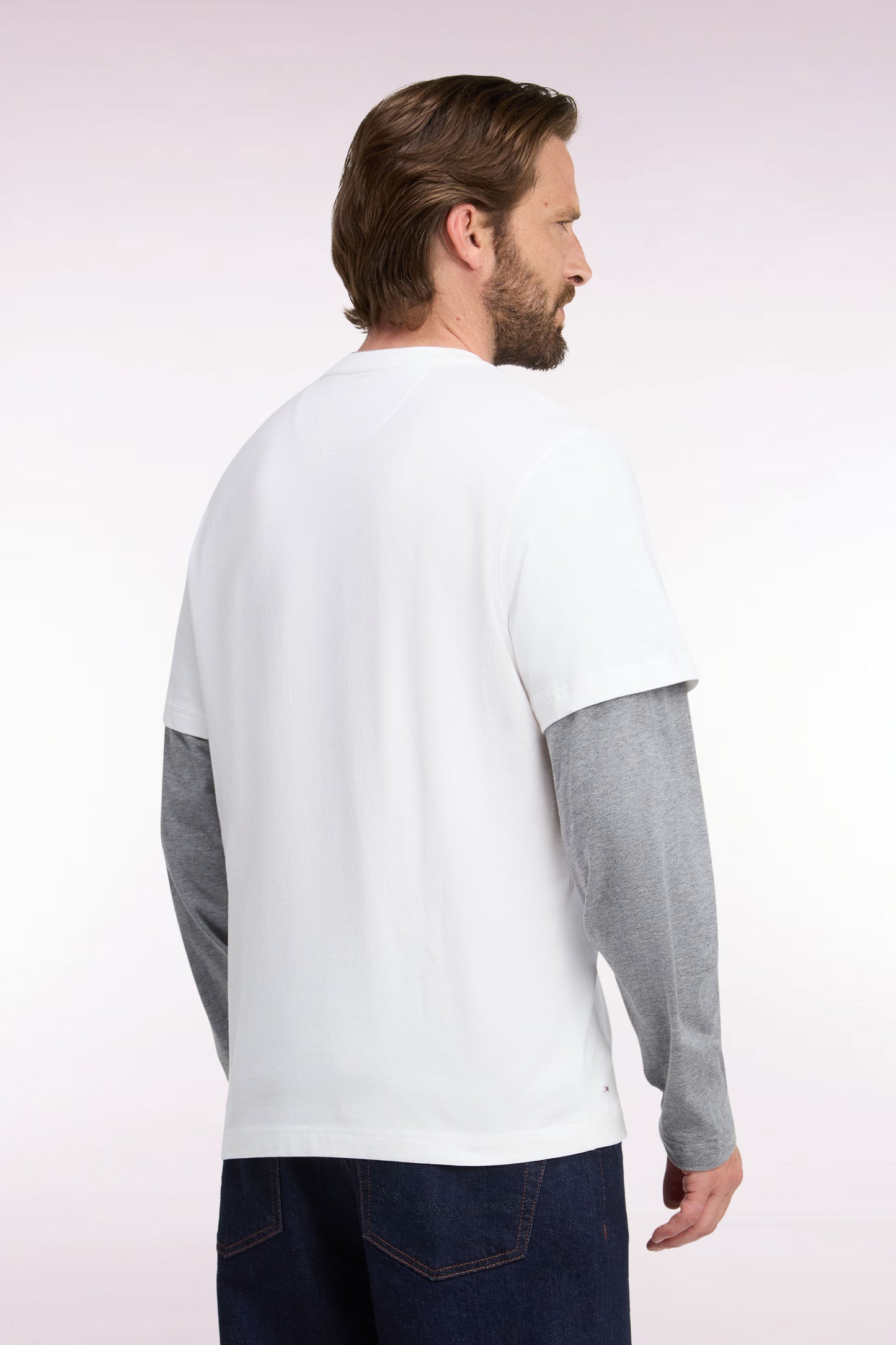 T-shirt manches longues effet superposition en coton peigné écru coupe droite