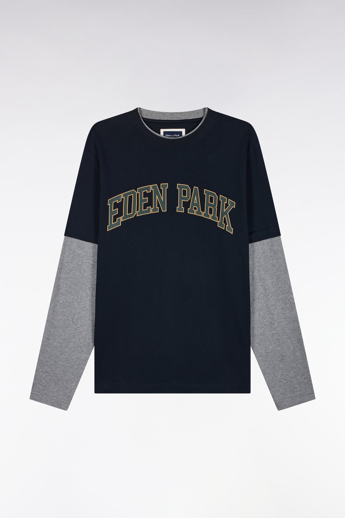 T-shirt manches longues effet superposition en coton peigné marine coupe droite