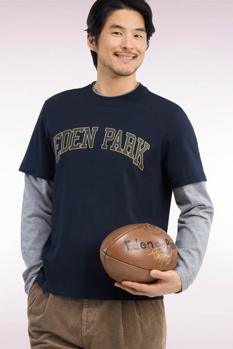 T-shirt manches longues effet superposition en coton peigné marine coupe droite - Image 1