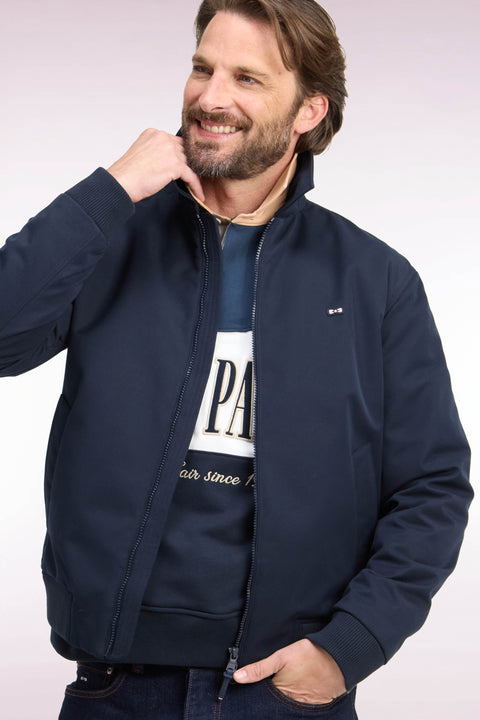 Blouson en nylon marine à bords-côtes coupe droite - Image 1