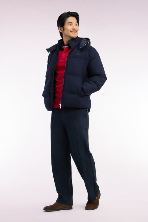 Navy flannel down jacket with removable hood - Image 1