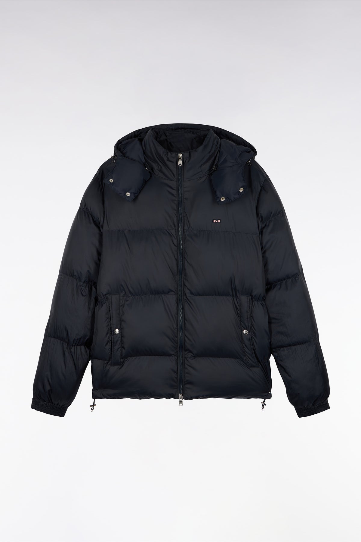 Navy nylon down jacket with removable hood