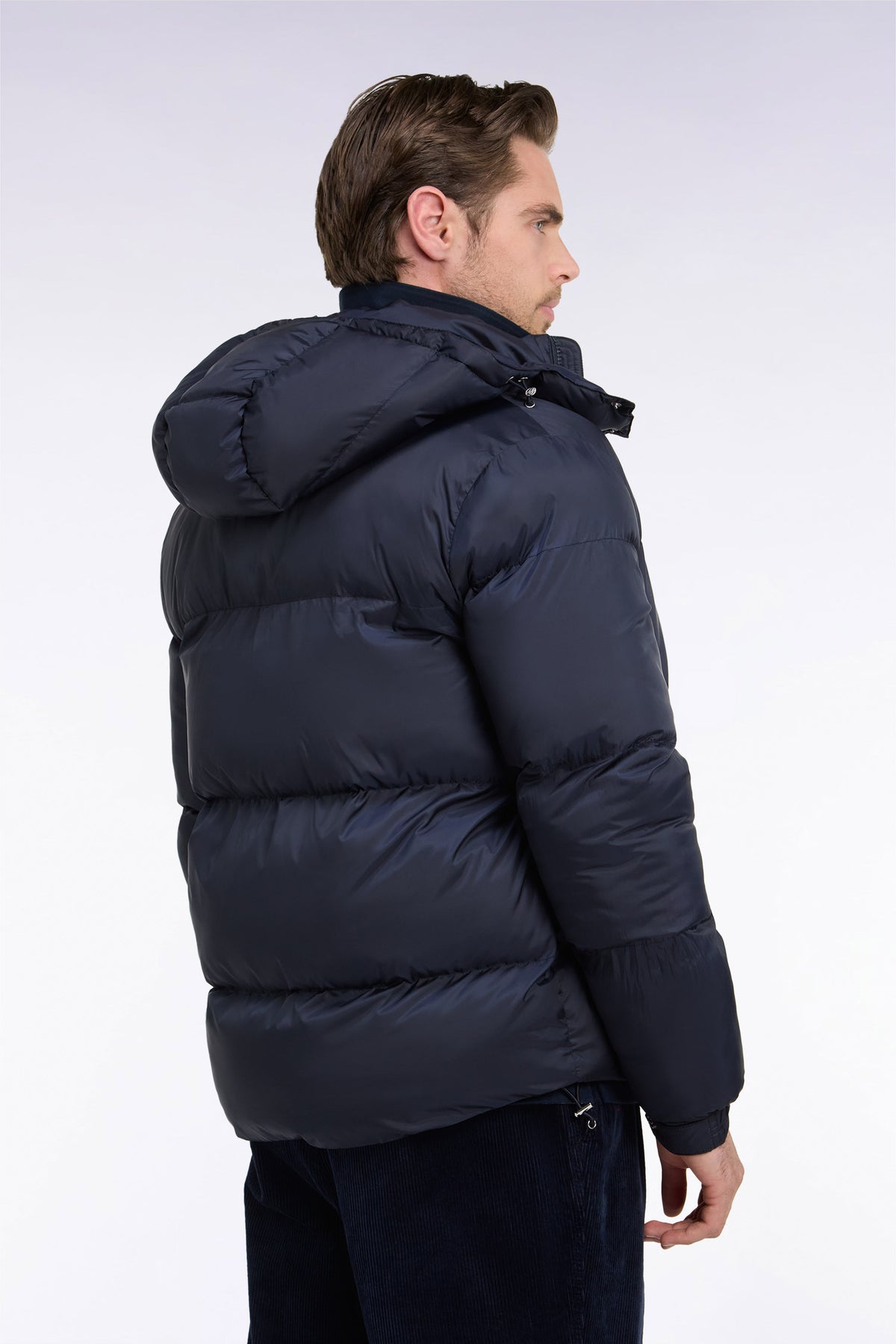 Navy nylon down jacket with removable hood