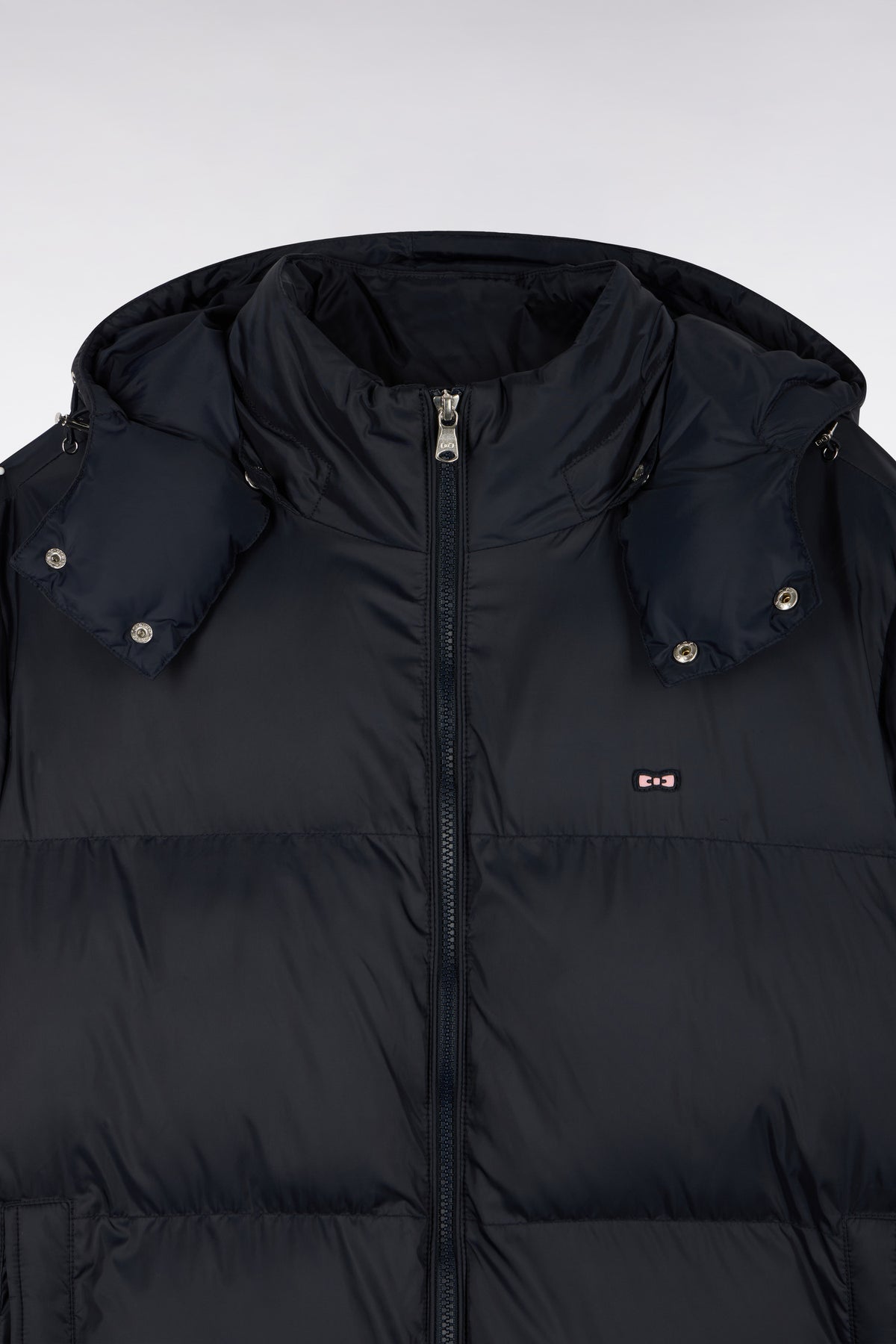Navy nylon down jacket with removable hood