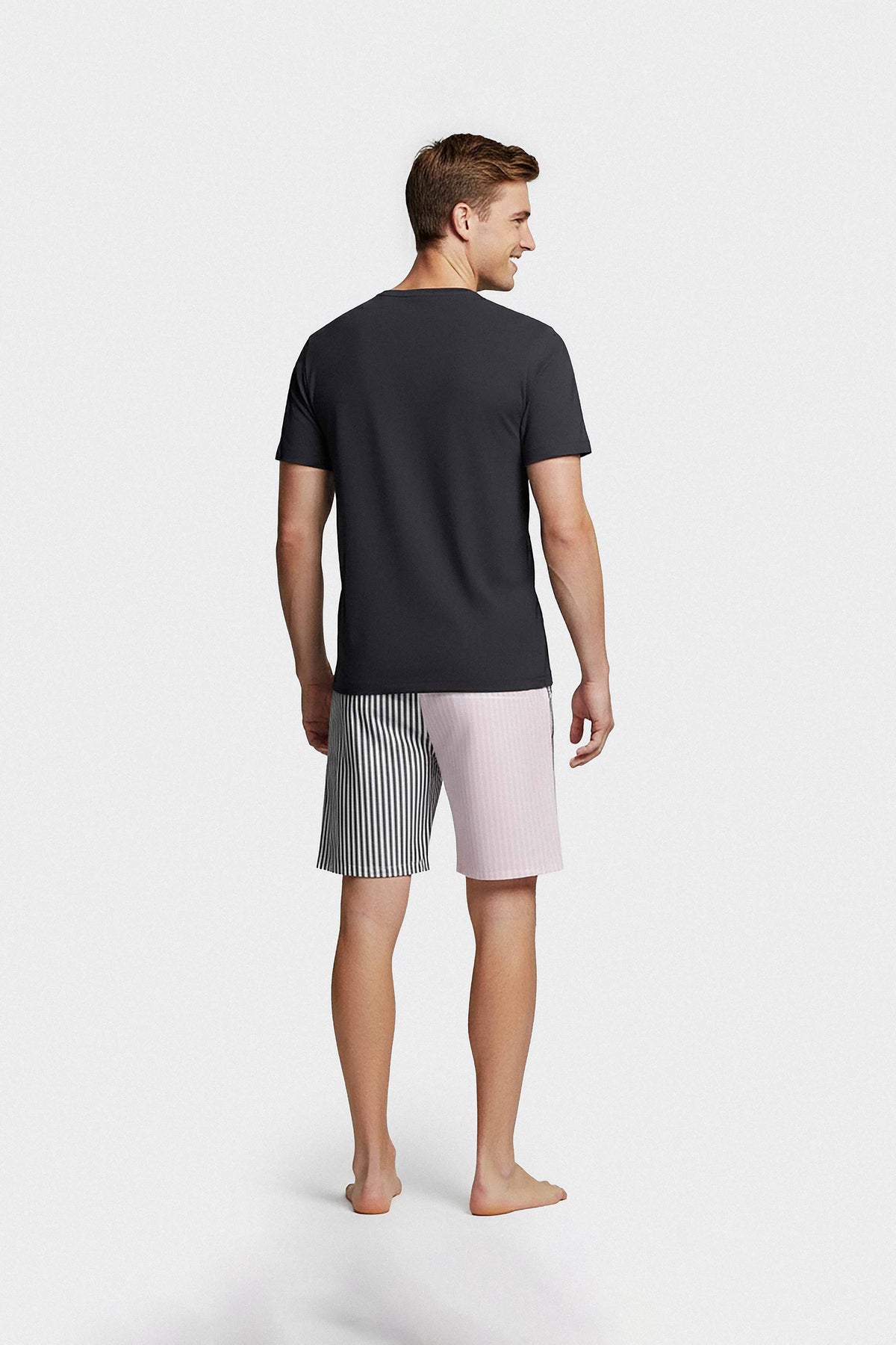 Short cotton pajamas set Navy T-shirt and navy and pink stick-striped shorts