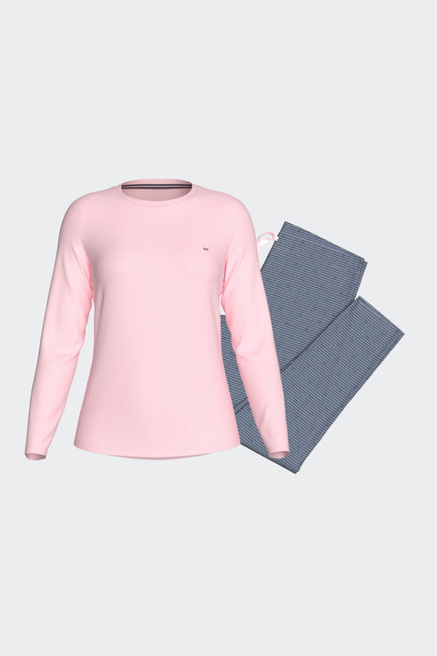 Long pajamas set in pink and navy cotton with fancy print - Image 1