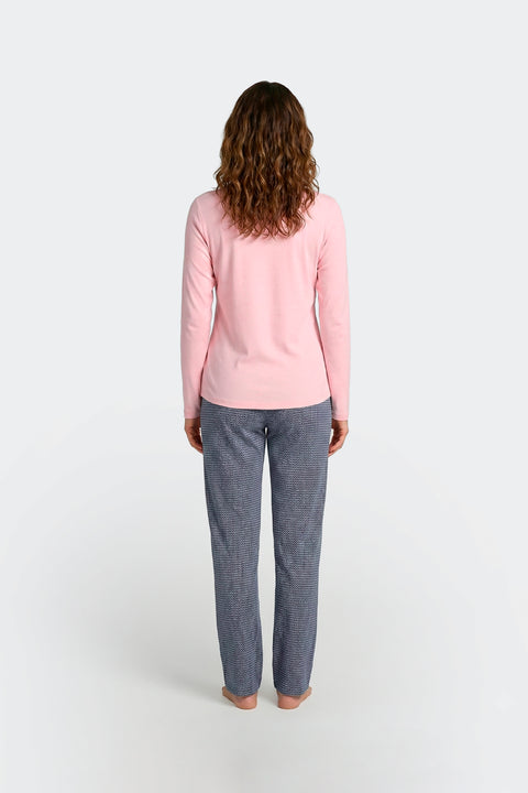 Long pajamas set in pink and navy cotton with fancy print - Image 3
