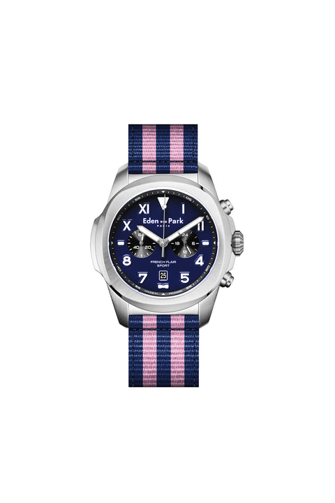 Chronograph quartz watch with blue background striped NATO strap - Image 1