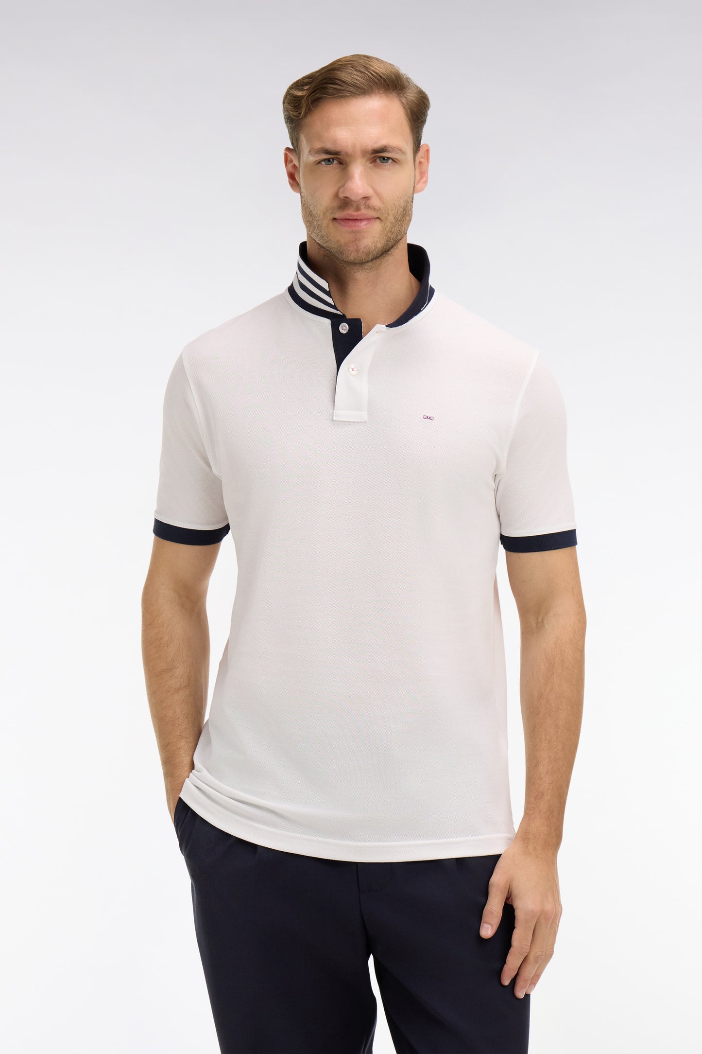 White pima cotton polo with contrasting accents