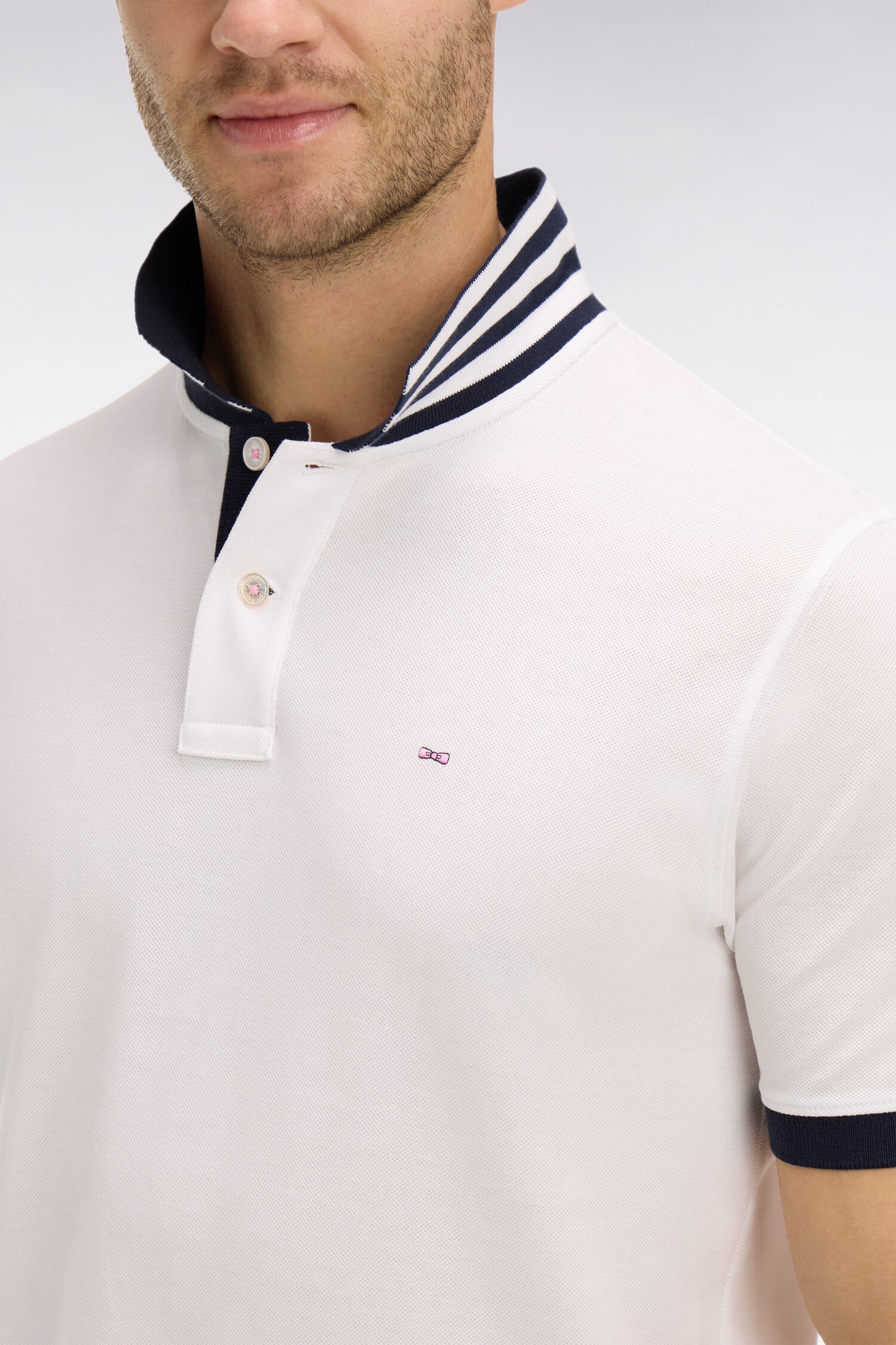 White pima cotton polo with contrasting accents