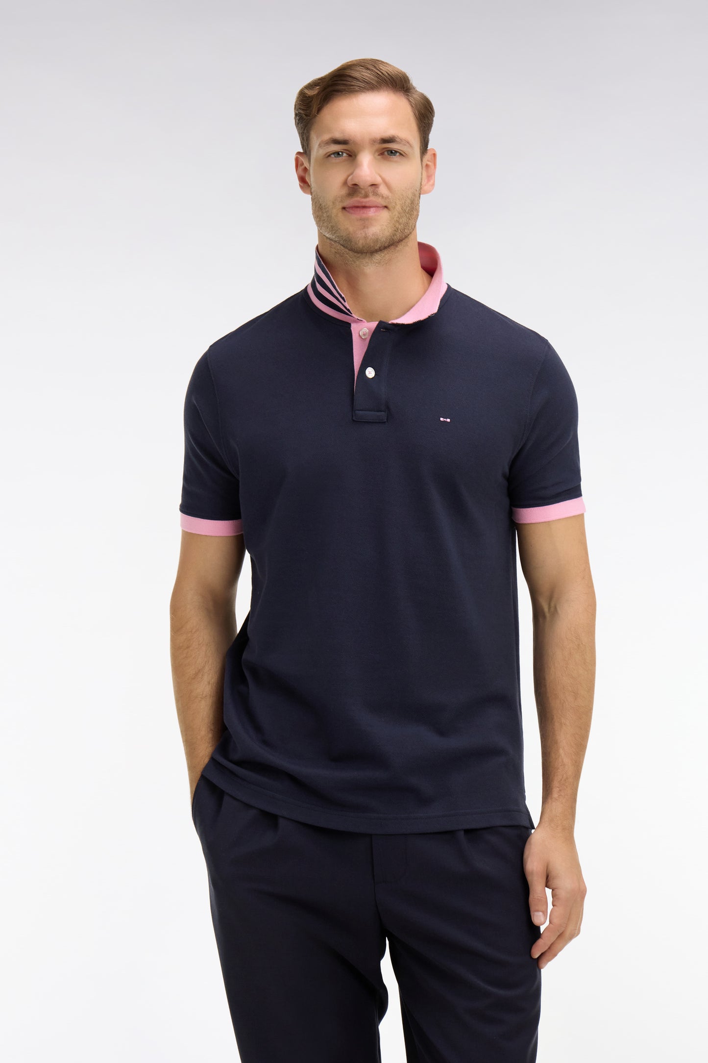 Navy blue pima cotton polo with contrasting accents