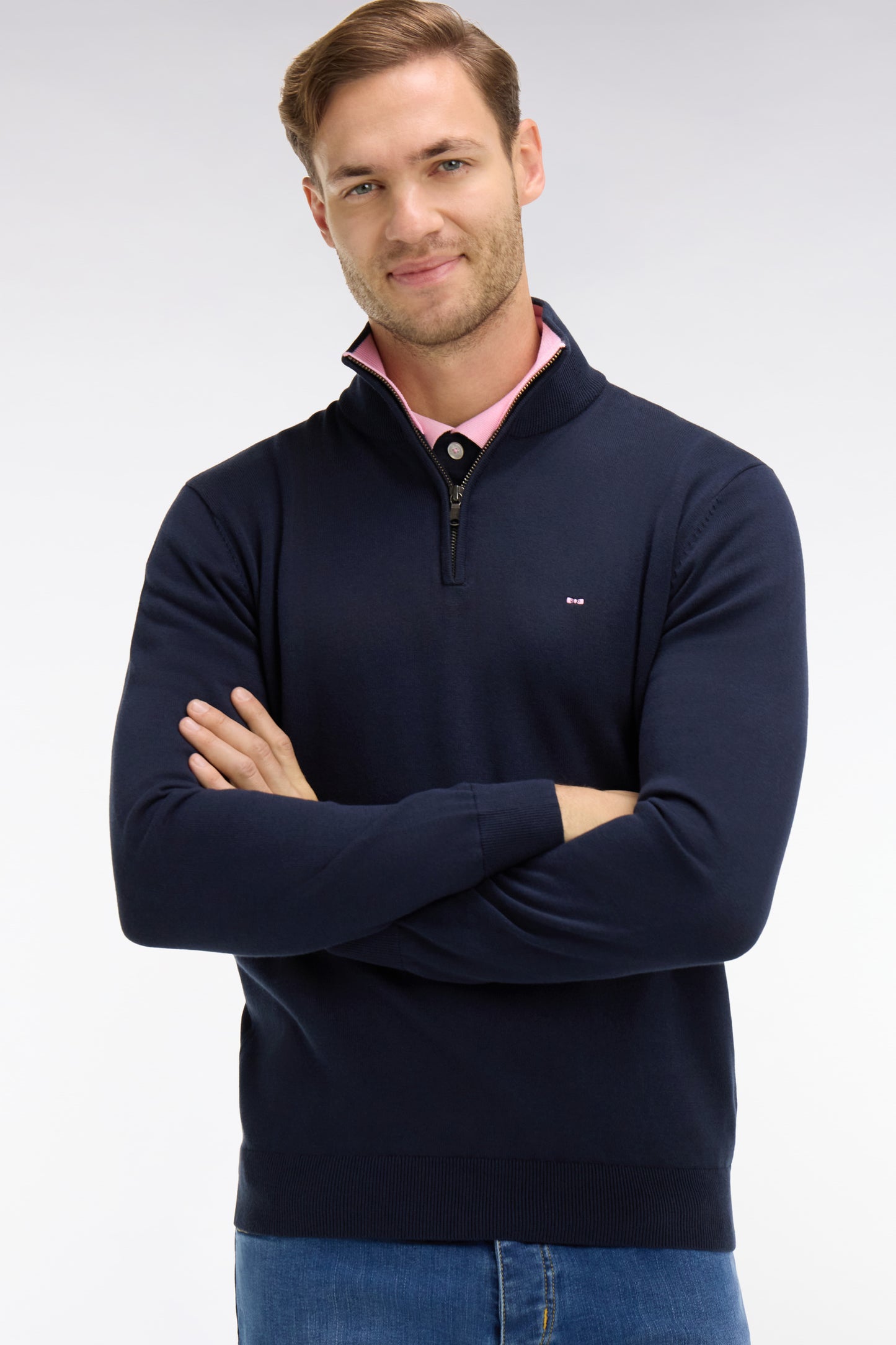 Navy blue cotton jersey jumper with trucker neck