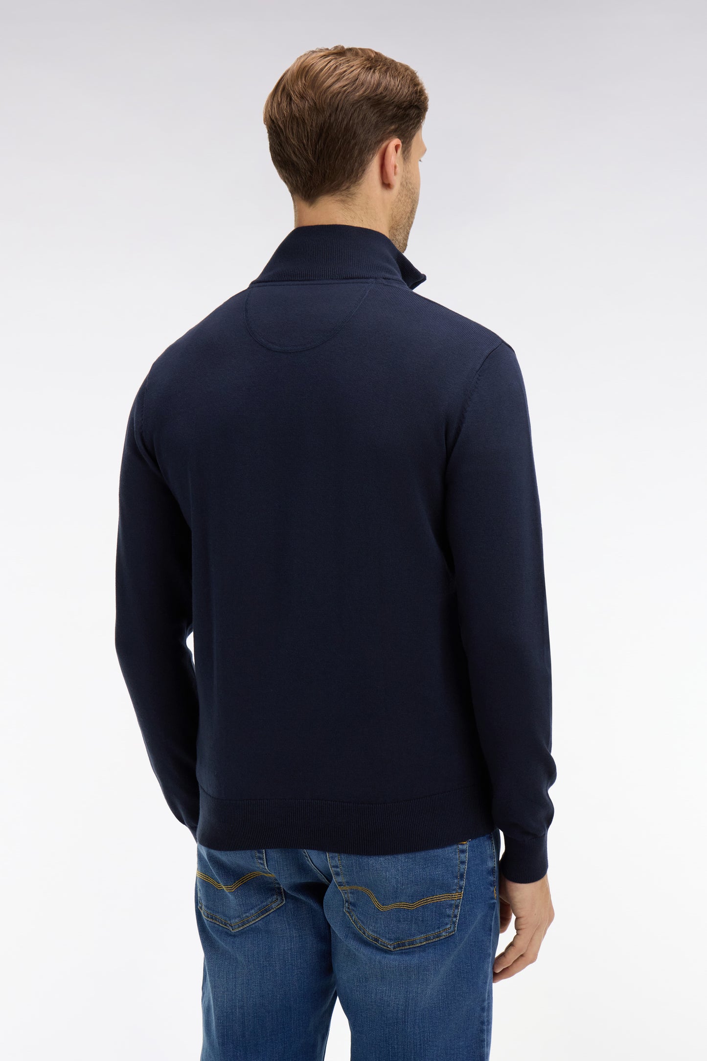 Navy blue cotton jersey jumper with trucker neck