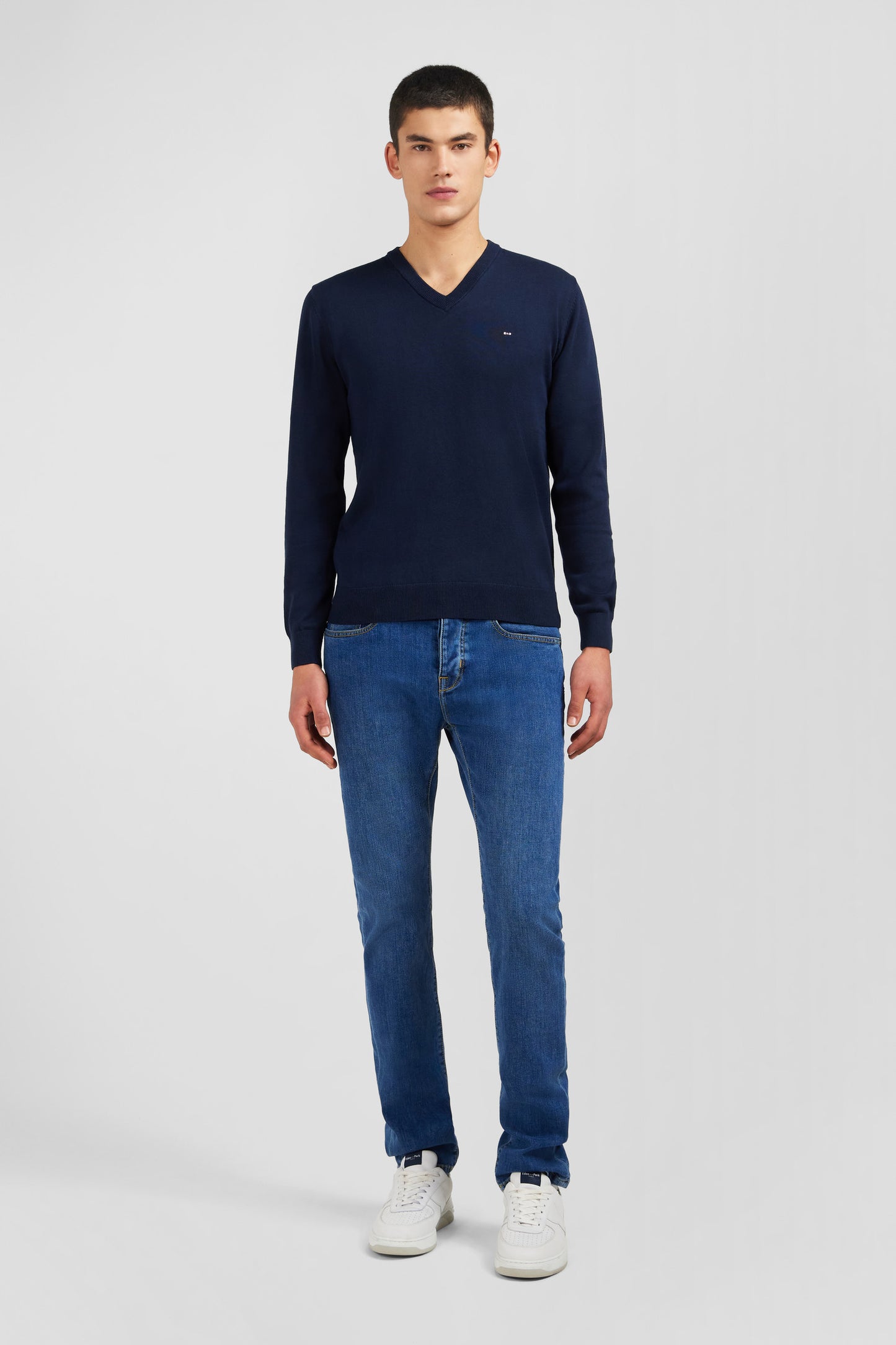 Navy blue cotton V-neck sweater