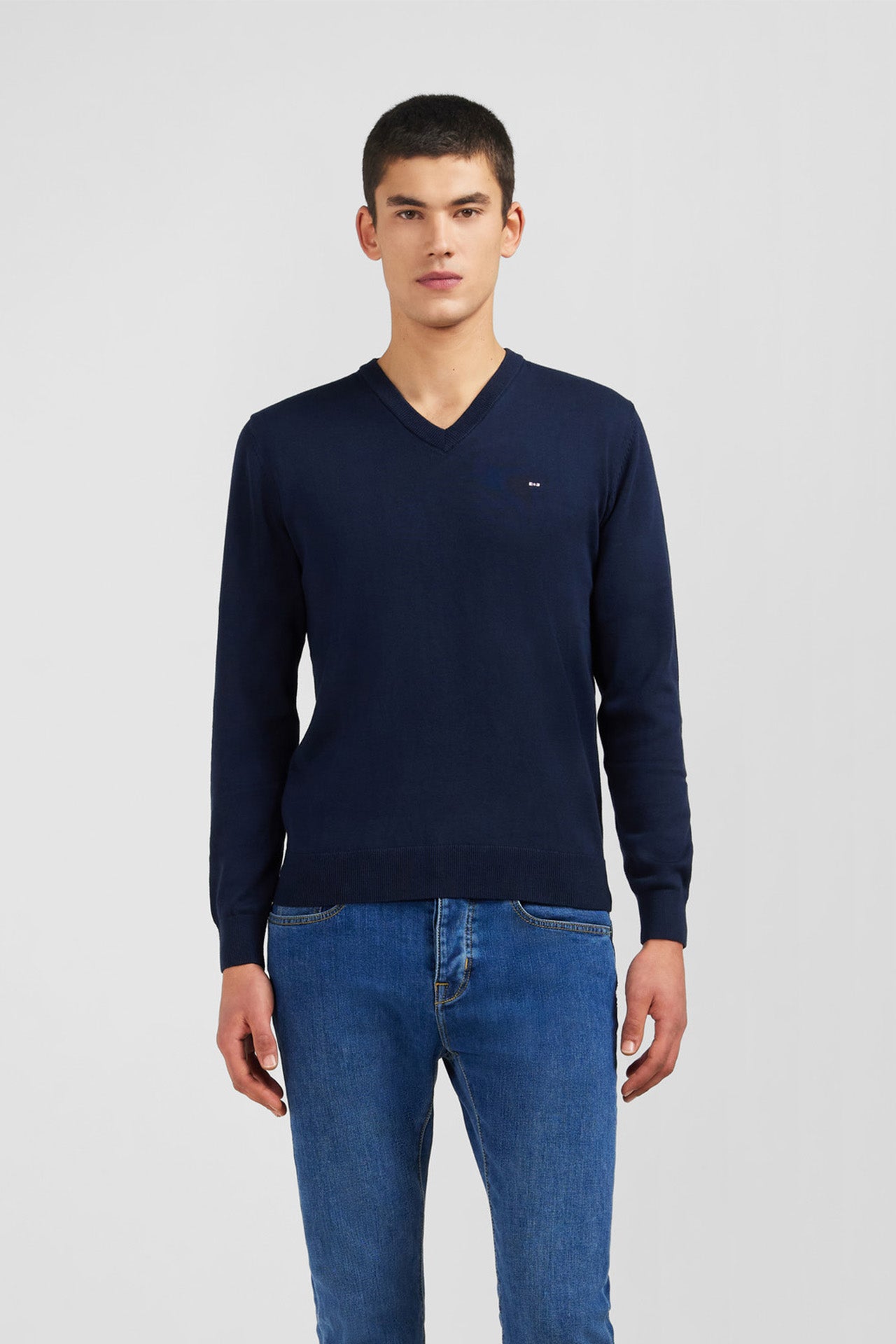 Navy blue cotton V-neck sweater