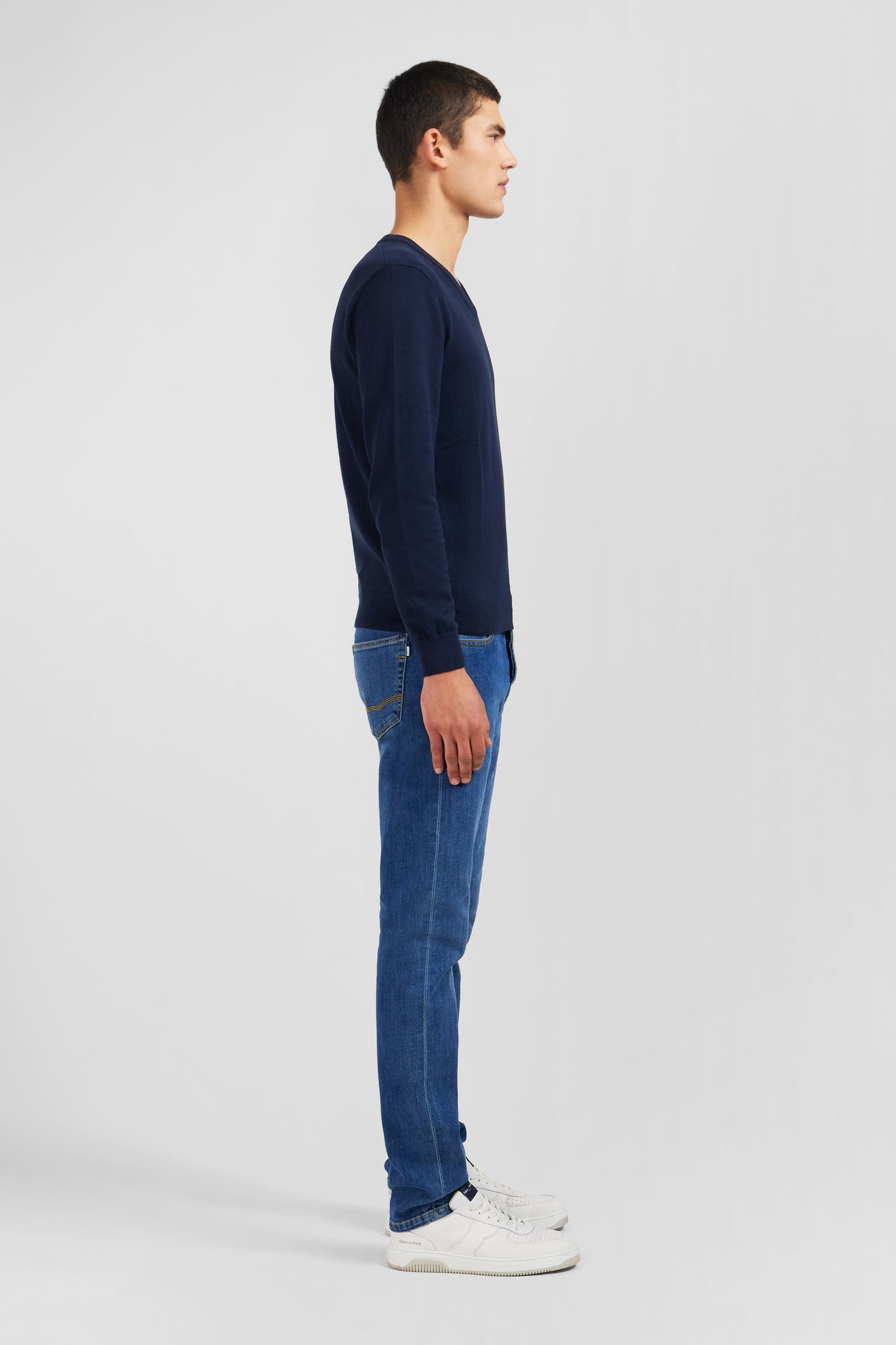 Navy blue cotton V-neck sweater