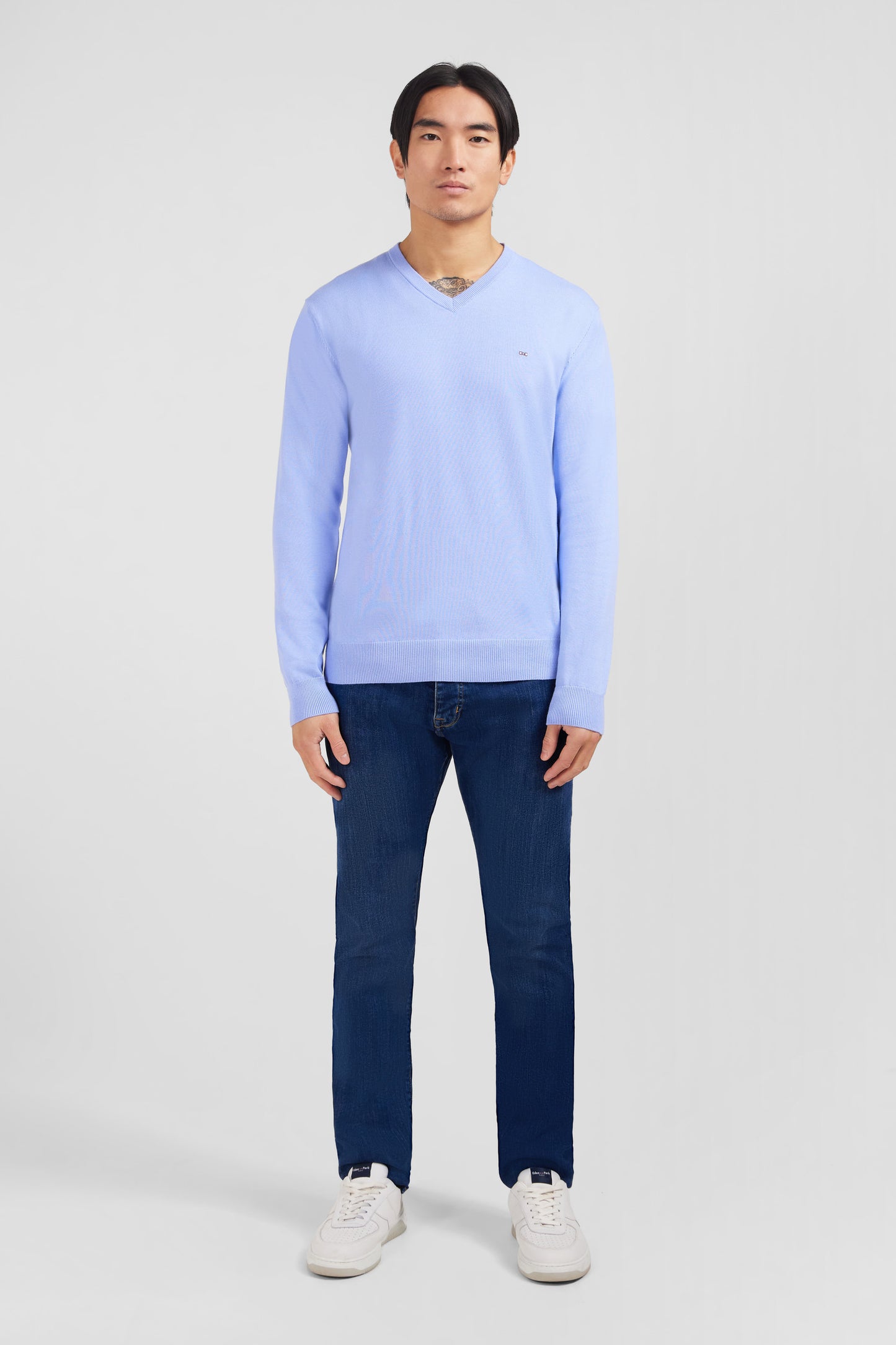 Blue cotton V-neck sweater