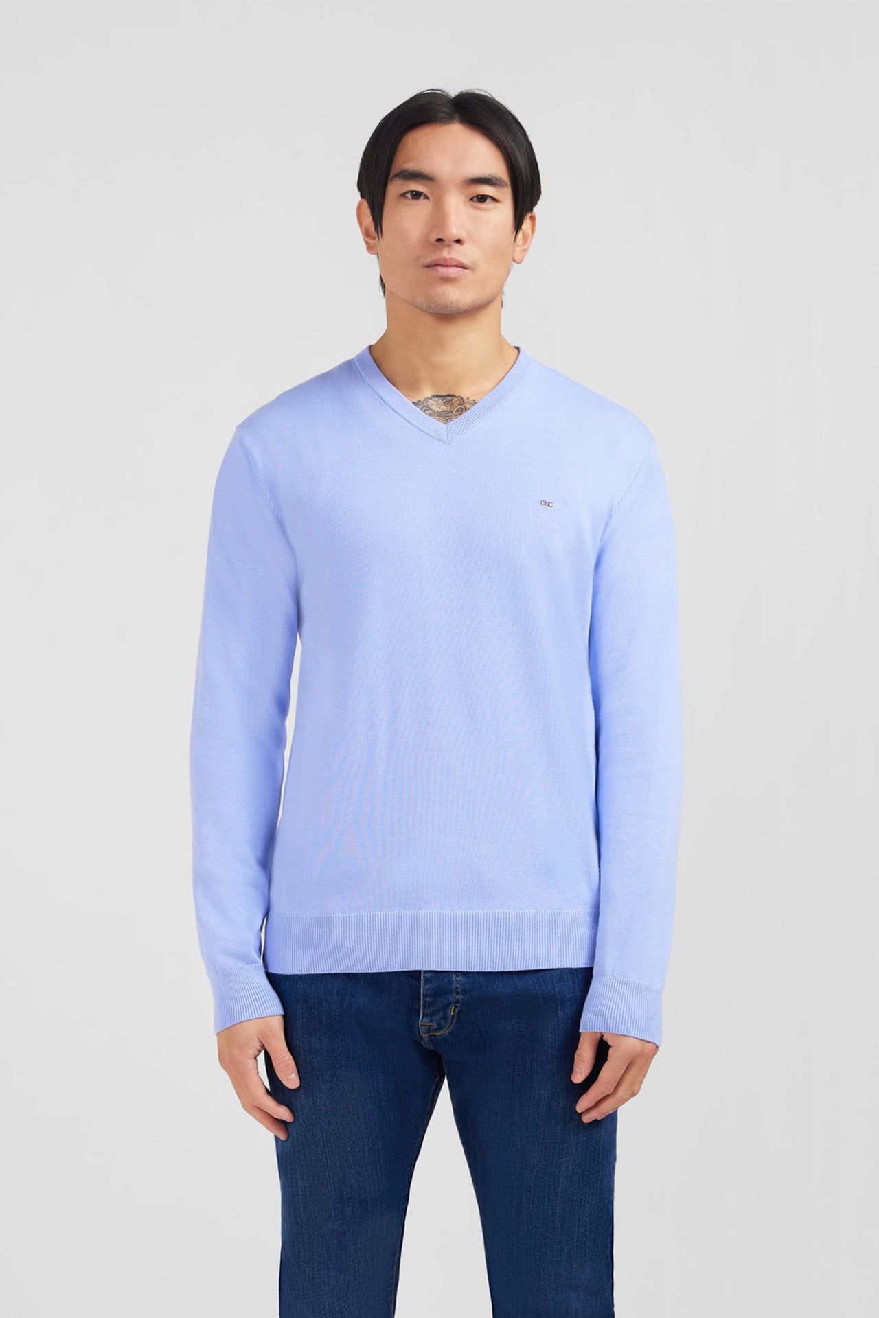 Blue cotton V-neck sweater
