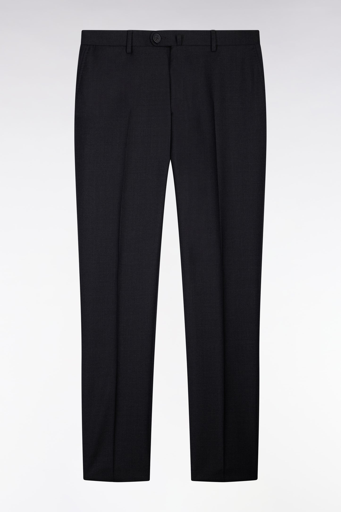 Slim dark grey wool trousers with broken fold