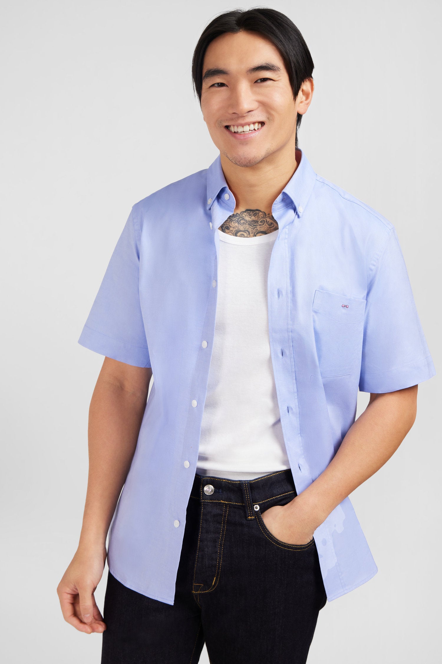 Short sleeved blue cotton shirt