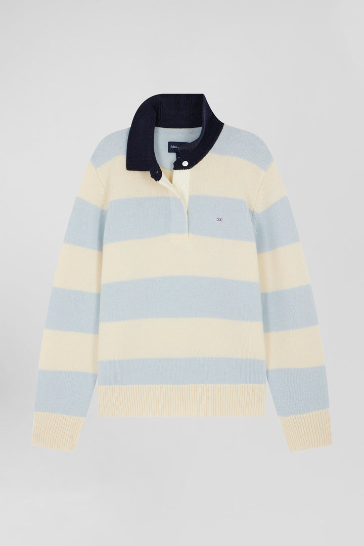 Pull col polo en laine et cachemire rayé bleu et écru