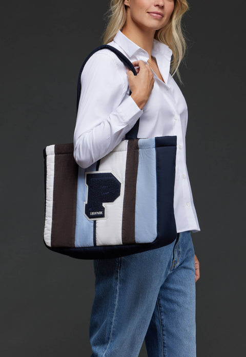 Sac cabas en velours rayé bleu upcyclé Pap'Atelier - Image 1