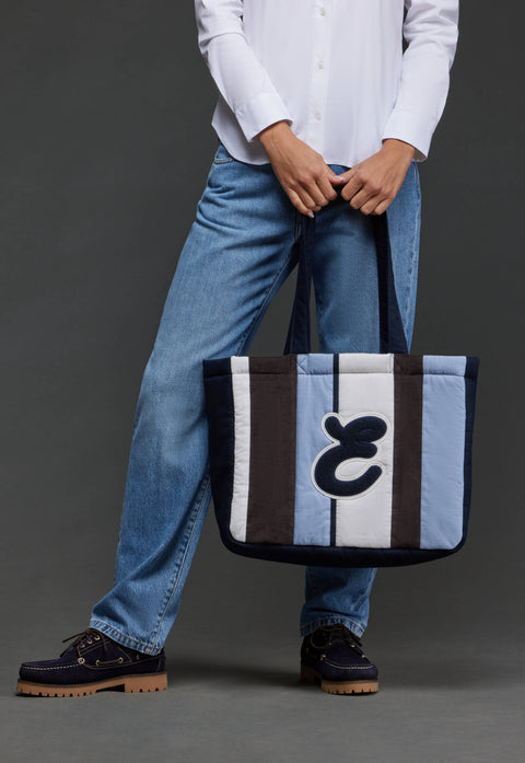 Sac cabas en velours rayé bleu upcyclé Pap'Atelier - Image 3