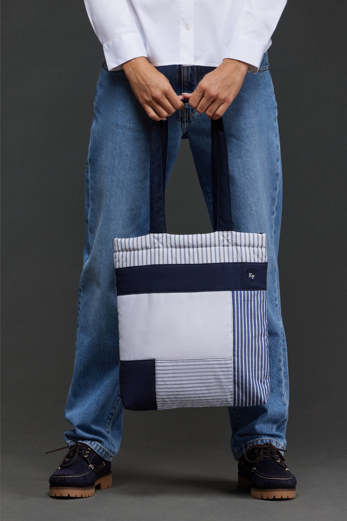 Sac cabas upcyclé Pap'Atelier en patchwork de coton rayé matelassé