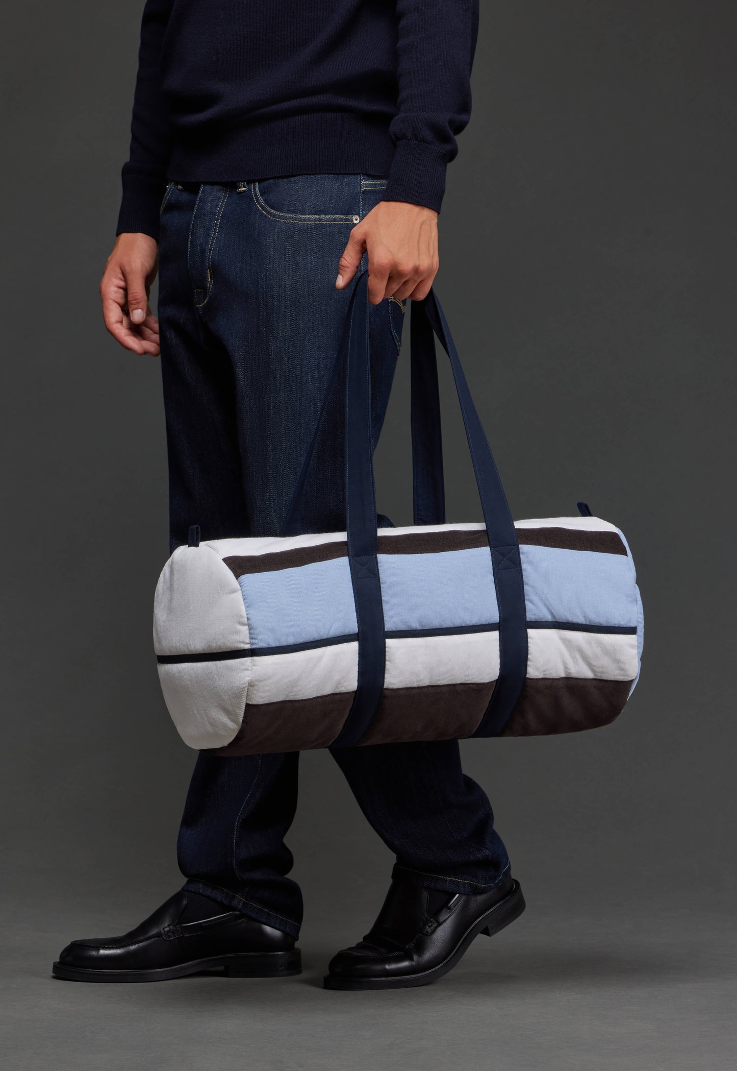 Sac polochon en velours rayé bleu upcyclé Pap'Atelier