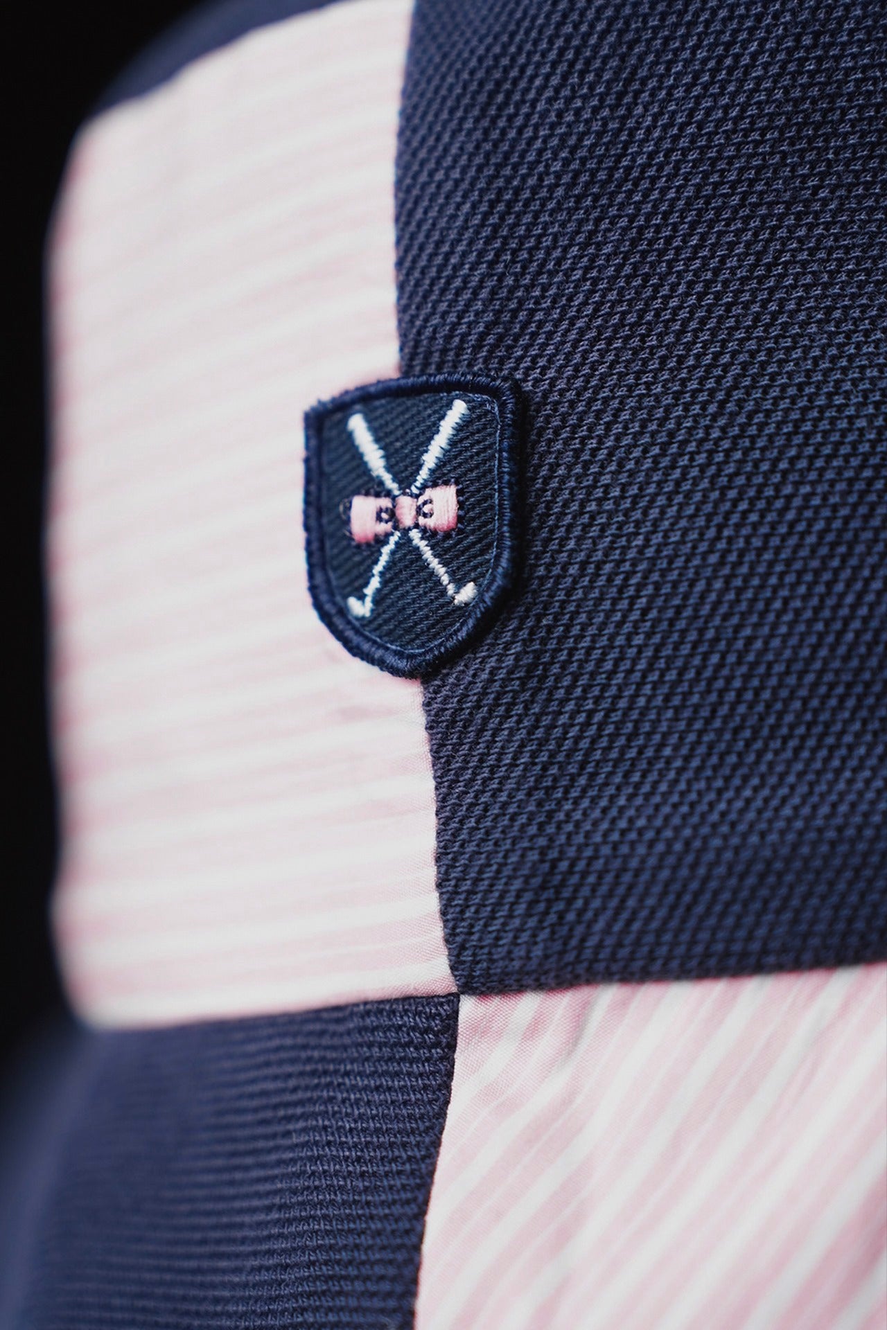 Two-tone cut and sewn pink and navy bob with EP Pap'atelier crest