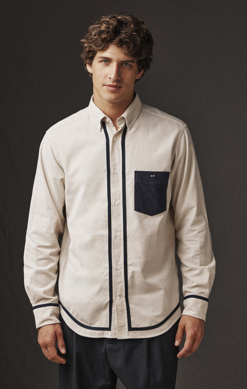 Chemise en coton beige à galons marine upcyclée Pap'Atelier - Image 1