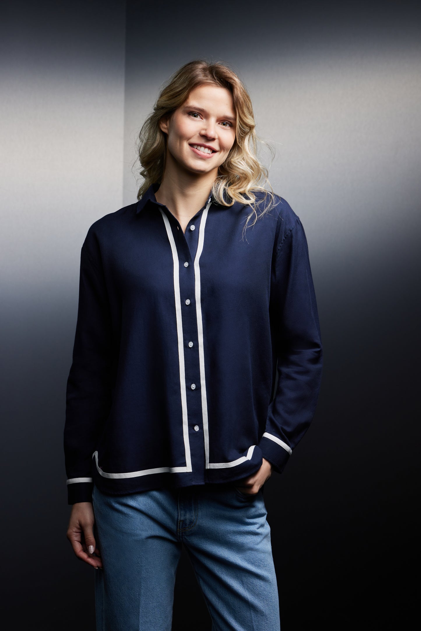Navy cotton shirt with ecru braids upcycled Pap'Atelier