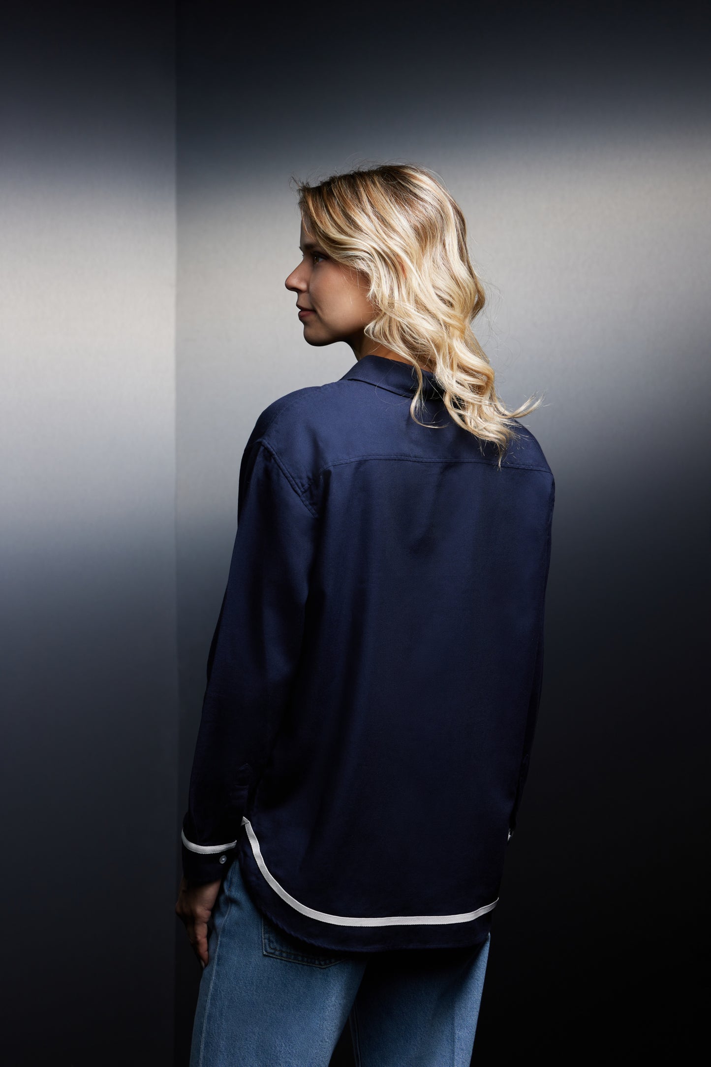 Navy cotton shirt with ecru braids upcycled Pap'Atelier