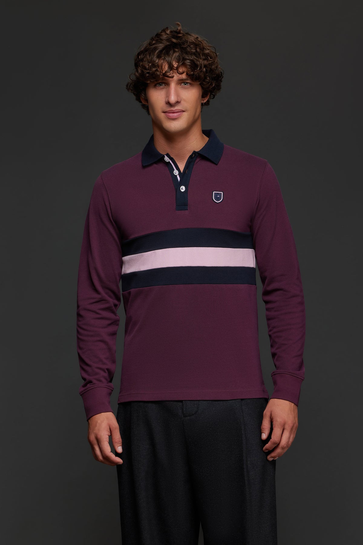 Polo manches longues upcyclé Pap'Atelier en coton bordeaux à rayures marine et roses