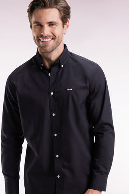 Black pinpoint cotton shirt with embroidered back, straight cut - Image 3