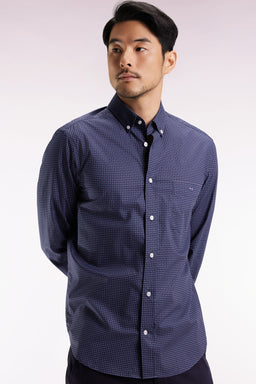 Navy Pima cotton shirt with micro-patterned bow tie, straight cut