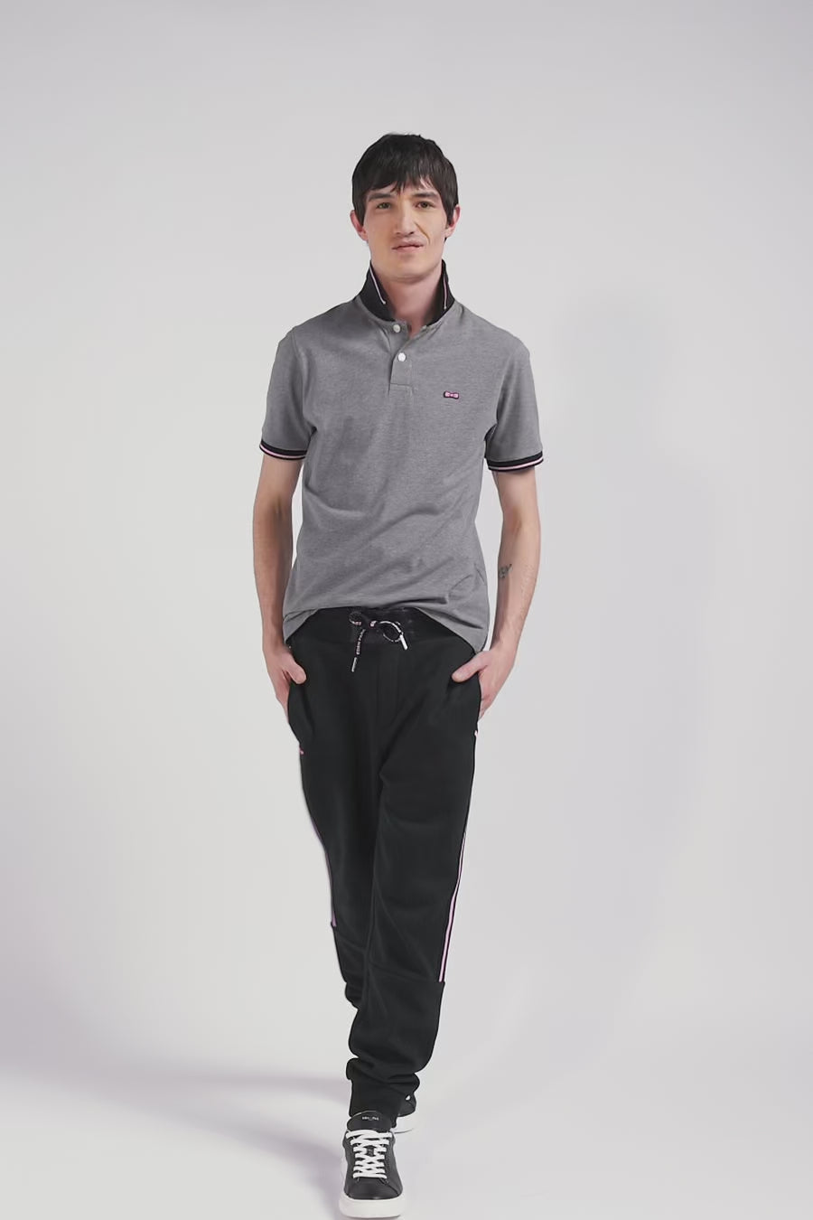 Slim grey short-sleeved stretch cotton polo shirt with Eden Park jacquard collar