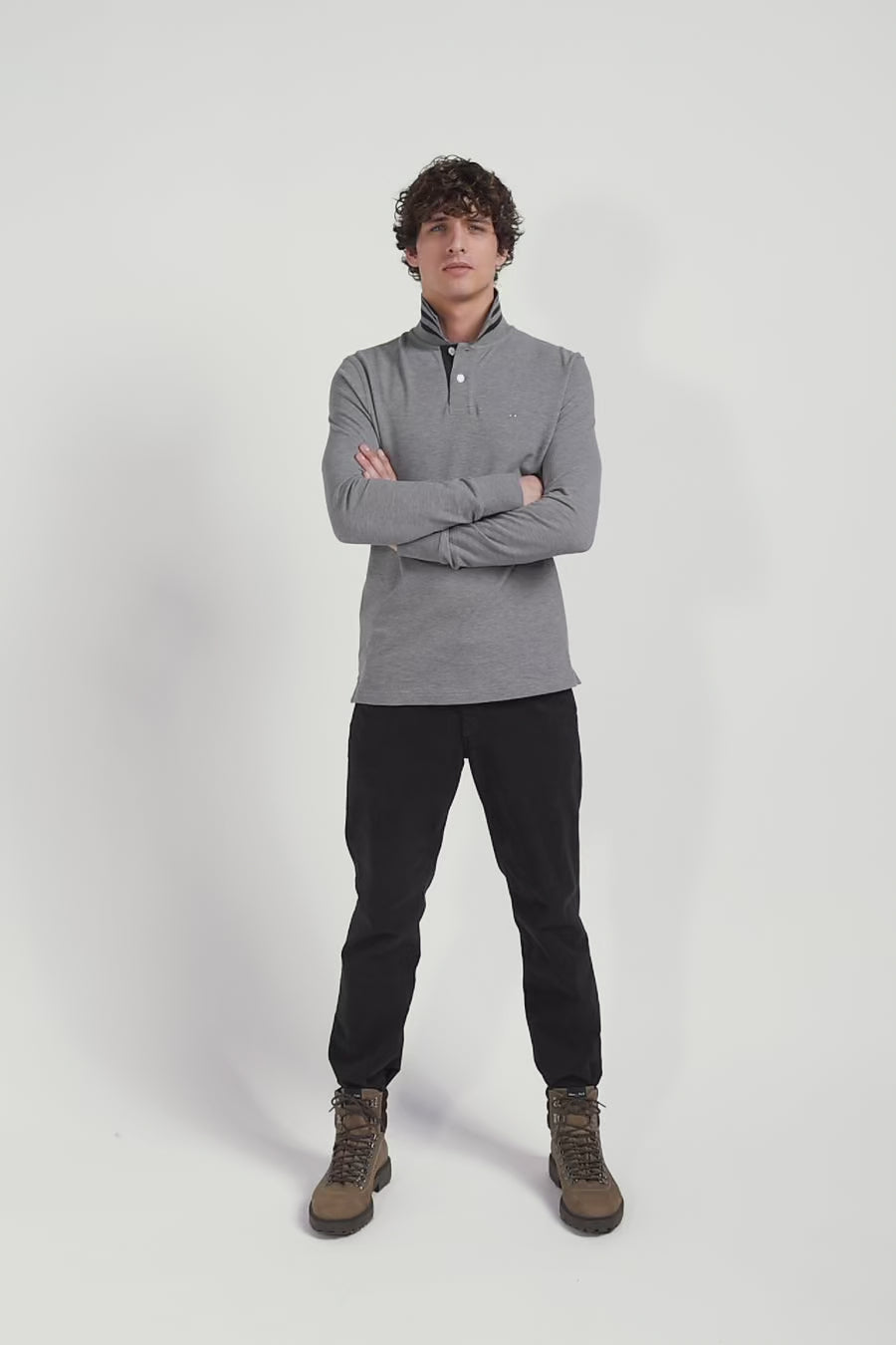 Long-sleeved grey cotton piqué polo shirt